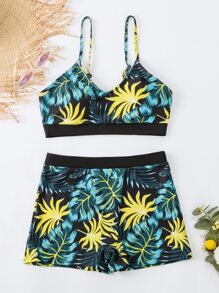 Tropical Print Shorts Summer Beach Bikini Set - Multicolor - View 3