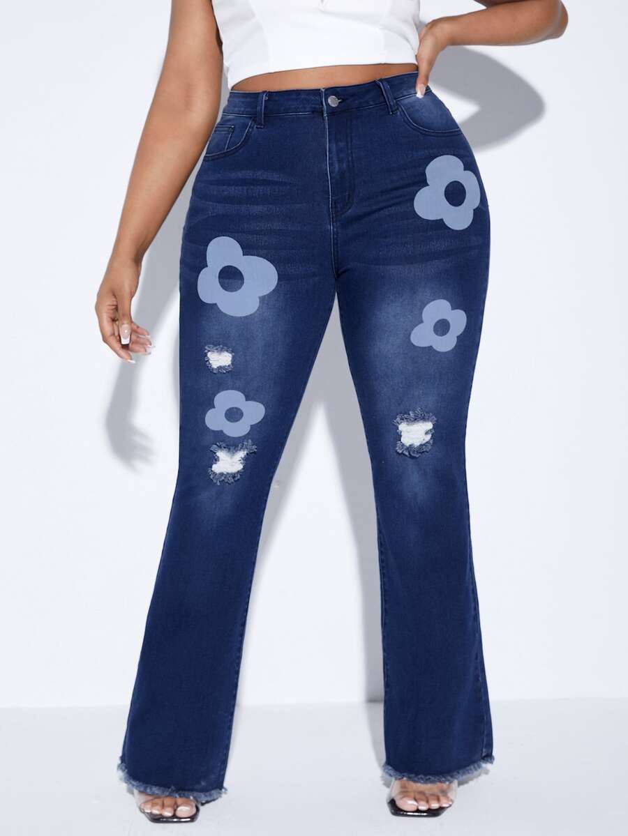 SHEIN Plus Floral Print Ripped Frayed Raw Cut Flare Leg Jeans - Dark Wash - View 1