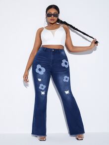 SHEIN Plus Floral Print Ripped Frayed Raw Cut Flare Leg Jeans - Dark Wash - View 3