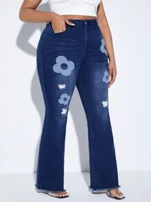 SHEIN Plus Floral Print Ripped Frayed Raw Cut Flare Leg Jeans - Dark Wash - View 4