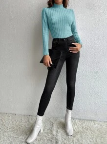 SHEIN Tall Camiseta unicolor cuello alzado - Azul menta - Ver 5