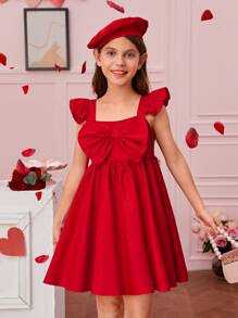 SHEIN Girls 1pc Ruffle Trim Bow Front Dress - Red - View 3