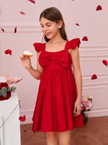 SHEIN Girls 1pc Ruffle Trim Bow Front Dress - Red - View 5