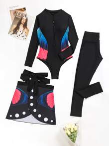 3pack Full Body Butterfly Print One Piece Swimsuit & Beach Skirt - Black - View 5