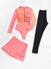 3pack Ruched Ruffle Hem Zip Up Burkini Swimsuit - Multicolor - View 3