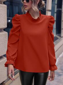 SHEIN LUNE Frill Trim Flounce Sleeve Blouse - Rust Brown - View 4