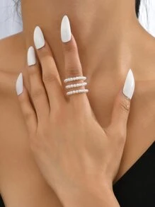 3入組人造珍珠串珠戒指 - 米色 - 查看 1