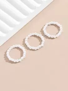3入組人造珍珠串珠戒指 - 米色 - 查看 3