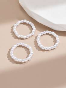 3入組人造珍珠串珠戒指 - 米色 - 查看 4