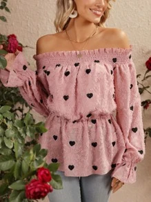 SHEIN VCAY Heart Print Off Shoulder Frill Trim Flounce Sleeve Peplum Blouse - Pink - View 1