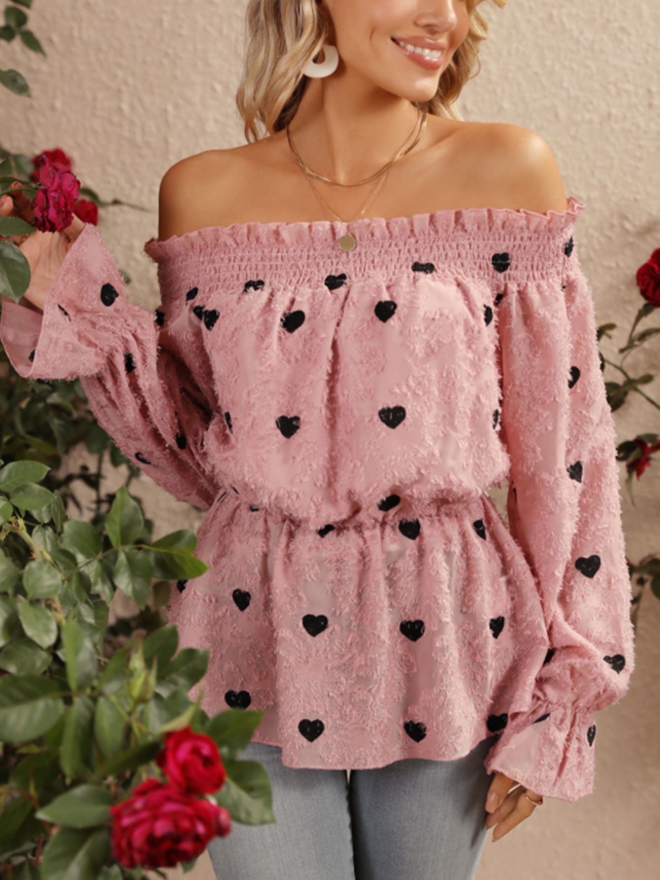 SHEIN VCAY Heart Print Off Shoulder Frill Trim Flounce Sleeve Peplum Blouse - Pink - View 1