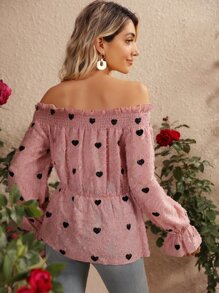 SHEIN VCAY Heart Print Off Shoulder Frill Trim Flounce Sleeve Peplum Blouse - Pink - View 2
