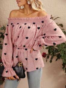 SHEIN VCAY Heart Print Off Shoulder Frill Trim Flounce Sleeve Peplum Blouse - Pink - View 3