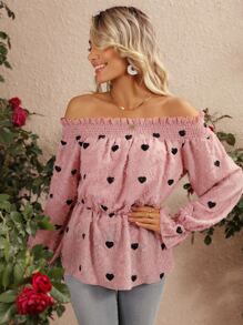 SHEIN VCAY Heart Print Off Shoulder Frill Trim Flounce Sleeve Peplum Blouse - Pink - View 4