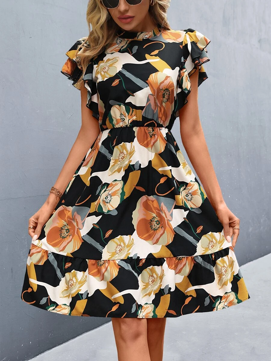 SHEIN VCAY Vestido con estampado floral de manga a capas bajo con fruncido