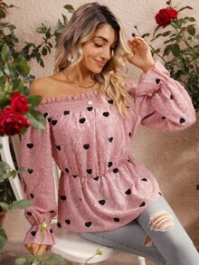 SHEIN VCAY Heart Print Off Shoulder Frill Trim Flounce Sleeve Peplum Blouse - Pink - View 6