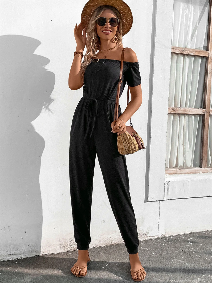 SHEIN LUNE Off Shoulder Tie Front Tee Jumpsuit - Black - View 1