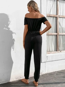 SHEIN LUNE Off Shoulder Tie Front Tee Jumpsuit - Black - View 2