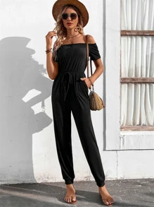 SHEIN LUNE Off Shoulder Tie Front Tee Jumpsuit - Black - View 3