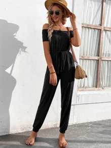 SHEIN LUNE Off Shoulder Tie Front Tee Jumpsuit - Black - View 4