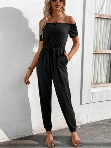 SHEIN LUNE Off Shoulder Tie Front Tee Jumpsuit - Black - View 6