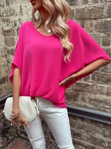 SHEIN LUNE Áo sơ mi nữ Bất đối xứng màu trơn Giải trí - Màu Hồng Tươi - Xem 4