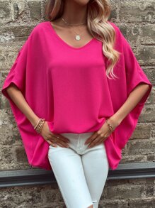 SHEIN LUNE Áo sơ mi nữ Bất đối xứng màu trơn Giải trí - Màu Hồng Tươi - Xem 5