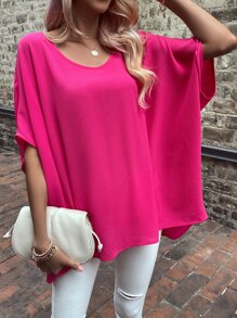 SHEIN LUNE Áo sơ mi nữ Bất đối xứng màu trơn Giải trí - Màu Hồng Tươi - Xem 6