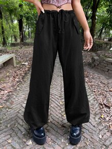 SHEIN ICON Drawstring Waist Flap Pocket Wide Leg Trousers - Black - View 1