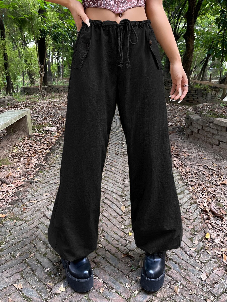 SHEIN ICON Drawstring Waist Flap Pocket Wide Leg Trousers - Black - View 1
