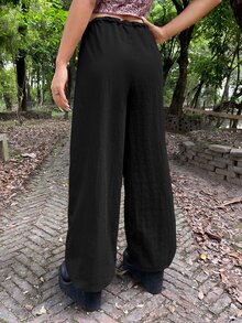 SHEIN ICON Drawstring Waist Flap Pocket Wide Leg Trousers - Black - View 2