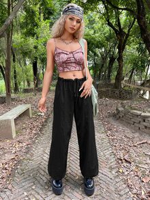 SHEIN ICON Drawstring Waist Flap Pocket Wide Leg Trousers - Black - View 5