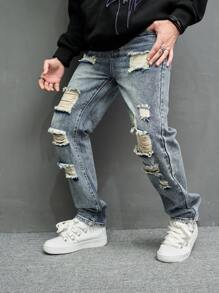 Manfinity EMRG Men Cotton Ripped Straight Leg Jeans Baggy Long Frayed Jean Cargo Plain Dark Blue Party Fashion Rapper Going Out Hang Out Commute National Park Street