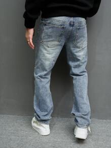 Manfinity EMRG Men Cotton Ripped Straight Leg Jeans Baggy Long Frayed Jean Cargo Plain Dark Blue Party Fashion Rapper Going Out Hang Out Commute National Park Street