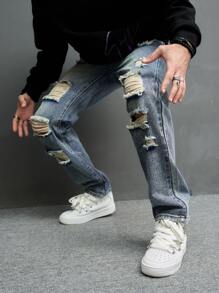 Manfinity EMRG Men Cotton Ripped Straight Leg Jeans Baggy Long Frayed Jean Cargo Plain Dark Blue Party Fashion Rapper Going Out Hang Out Commute National Park Street