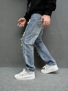 Manfinity EMRG Men Cotton Ripped Straight Leg Jeans Baggy Long Frayed Jean Cargo Plain Dark Blue Party Fashion Rapper Going Out Hang Out Commute National Park Street