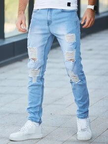 Manfinity Hombres Jeans ajustados desgarro crudo - Lavado ligero - Ver 1