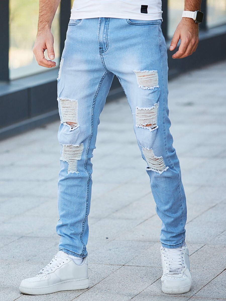 Manfinity Hombres Jeans ajustados desgarro crudo - Lavado ligero - Ver 1