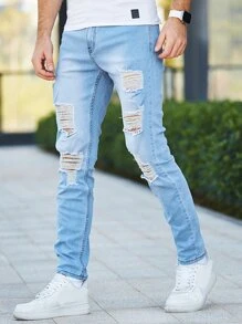 Manfinity Hombres Jeans ajustados desgarro crudo - Lavado ligero - Ver 3