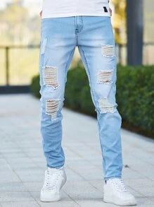 Manfinity Hombres Jeans ajustados desgarro crudo - Lavado ligero - Ver 4