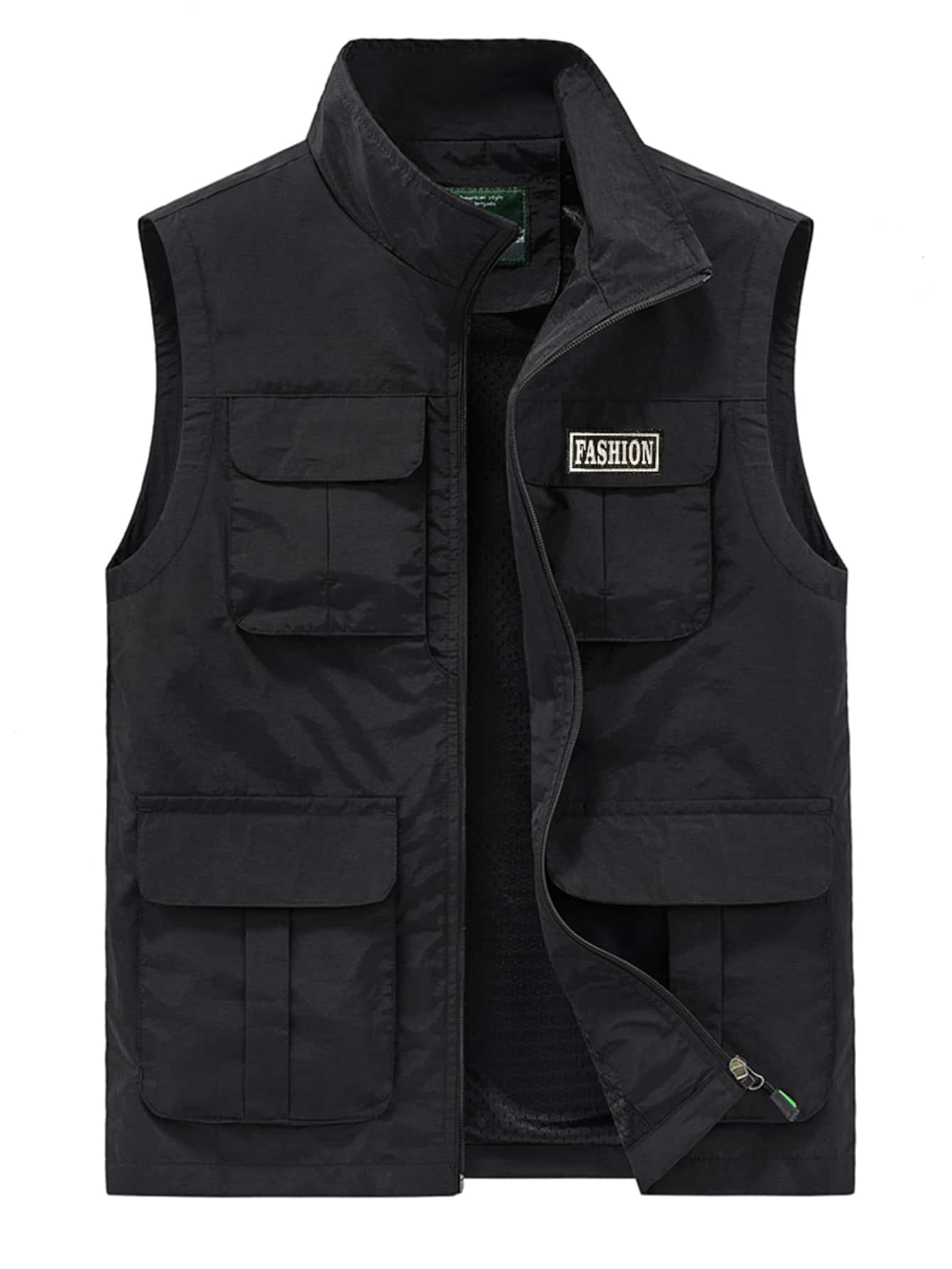 Manfinity 男士字母貼布翻蓋口袋夾克背心 - 黑色 - 查看 1