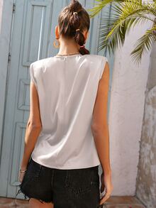 Glamaker Fold Pleated Shoulder Pad Solid Satin Tank Top - Beige - View 2