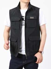 Manfinity 男士字母貼布翻蓋口袋夾克背心 - 黑色 - 查看 7