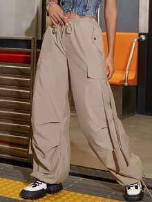 Street Vibes90年代翻蓋口袋抽繩下擺工裝降落傘褲 - 卡其色 - 查看 4