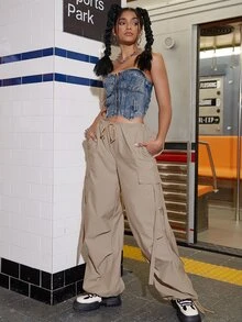 Street Vibes90年代翻蓋口袋抽繩下擺工裝降落傘褲 - 卡其色 - 查看 6