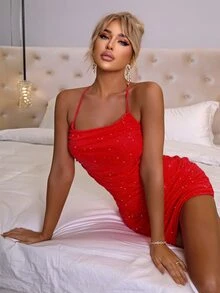 Joyfunear Vestido ajustado con diamante de imitación con tira cruzada de espalda abierta fruncido - Rojo - Ver 6