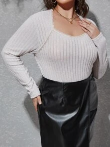 SHEIN Privé Plus Sweetheart Neck Ribbed Knit Fitted Bodysuit - Khaki - View 5