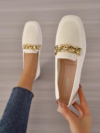 鏈條裝飾方頭平底樂福鞋