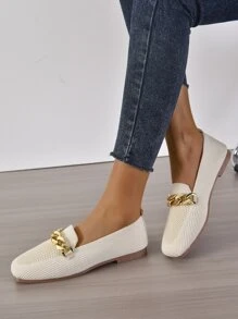 鏈條裝飾方頭平底樂福鞋 - 米色 - 查看 4