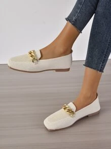 鏈條裝飾方頭平底樂福鞋 - 米色 - 查看 5